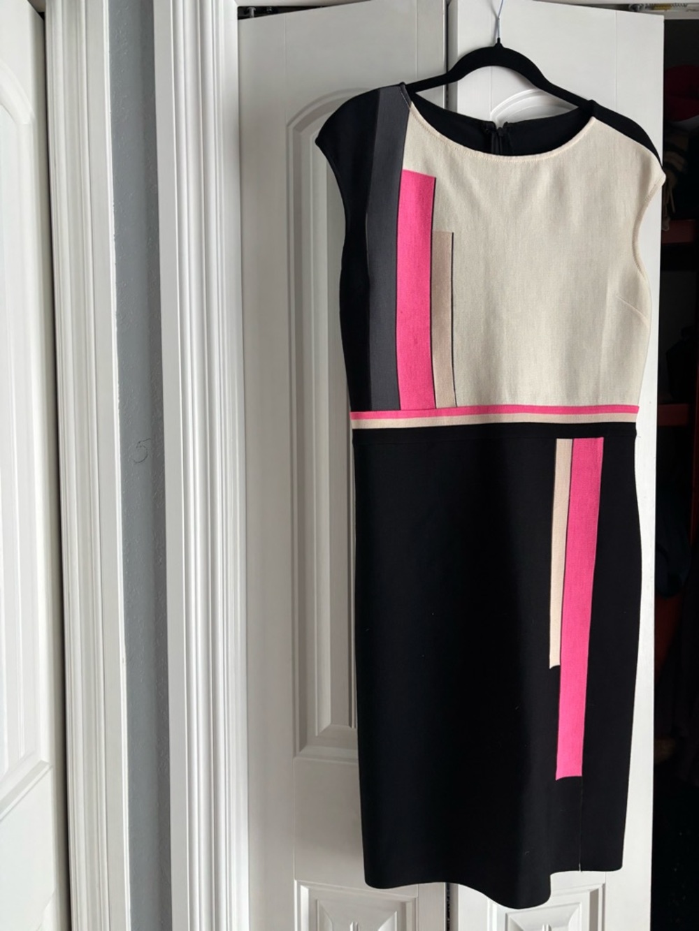 St. John Black, Pink and Cream Colorblock Shift Dress